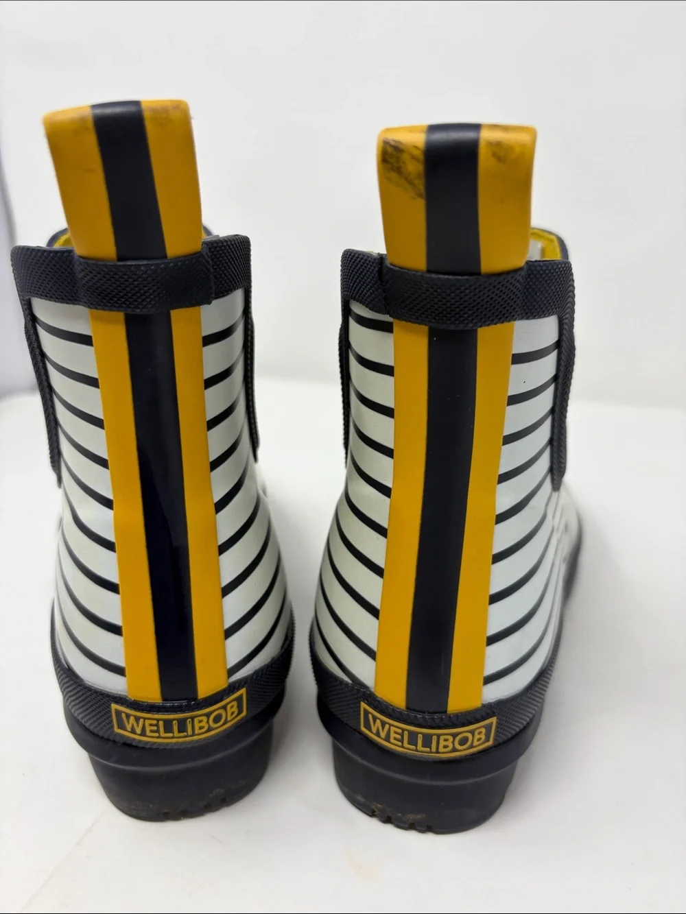 Joules White & Navy Striped Wellibob Rain Boots with Yellow Trim Size 9